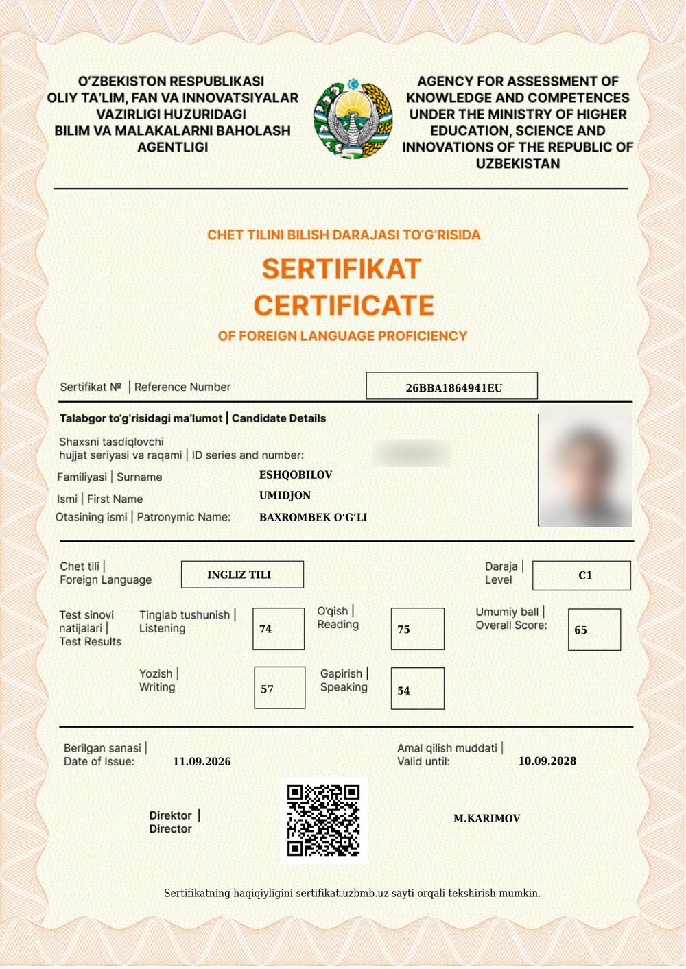 CEFR C1 sertifikati &mdash; Umidjon Eshqobilov