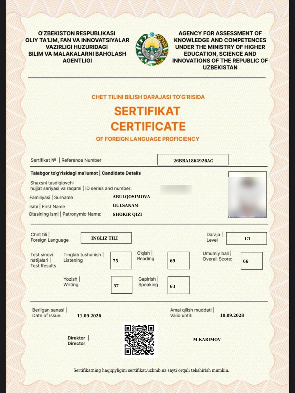 CEFR C1 sertifikati &mdash; Gulsanam Abulqosimova