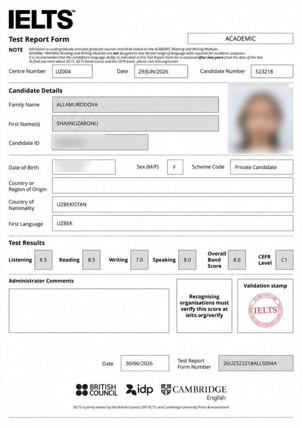 IELTS 8.0 sertifikati &mdash; Shaxnozabonu Allamurodova